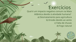 Exercícios
Qual é um impacto negativo comum na Mata
Atlântica devido à atividade humana?
a) Desmatamento para agricultura
b) Erosão devido ao vento
c) Falta de chuvas
d) Fogo natural
 