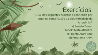 Exercícios
Qual dos seguintes projetos é conhecido por
atuar na conservação da biodiversidade da
Amazônia?
a) Projeto Tamar
b) SOS Mata Atlântica
c) Projeto Arara Azul
d) Programa ARPA
 