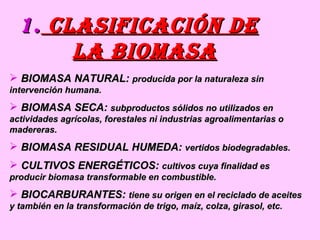 clasificación de la biomasa BIOMASA NATURAL:  producida por la naturaleza sin intervención humana. BIOMASA SECA:  subproductos sólidos no utilizados en actividades agrícolas, forestales ni industrias agroalimentarias o madereras. BIOMASA RESIDUAL HUMEDA:  vertidos biodegradables. CULTIVOS ENERGÉTICOS:  cultivos cuya finalidad es producir biomasa transformable en combustible. BIOCARBURANTES:  tiene su origen en el reciclado de aceites y también en la transformación de trigo, maíz, colza, girasol, etc. 