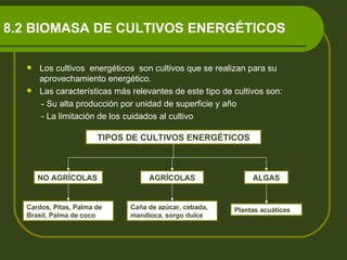 8.2 BIOMASA DE CULTIVOS ENERGÉTICOS Los cultivos  energéticos  son cultivos que se realizan para su aprovechamiento energético.  Las características más relevantes de este tipo de cultivos son: - Su alta producción por unidad de superficie y año  - La limitación de los cuidados al cultivo TIPOS DE CULTIVOS ENERGÉTICOS NO AGRÍCOLAS AGRÍCOLAS ALGAS Cardos, Pitas, Palma de Brasil, Palma de coco Caña de azúcar, cebada, mandioca, sorgo dulce Plantas acuáticas 