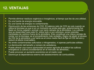 12. VENTAJAS   Permite eliminar residuos orgánicos e inorgánicos, al tiempo que les da una utilidad.  Es una fuente de energía renovable.  Es una fuente de energía no contaminante.  Disminución de las emisiones de CO2. El balance neto de CO2 es nulo cuando se utiliza la biomasa ya que si en un momento se emite este gas, anteriormente fue fijado en forma vegetal o animal y por tanto retirado de la atmósfera. Los cultivos que se desarrollan para este fin, sobre todo si son arbóreos, ponen grandes cantidades de carbono fuera de la atmósfera. Esto constituye una nueva ventaja de contar con la biomasa; es el procedimiento más rentable y lógico de abatir el exceso de C02 de la atmósfera y por tanto es el único medio fácil de fijar el C02 del aire y reducir el efecto invernadero. No emite contaminantes sulfurados o nitrogenados, ni apenas partículas sólidas.  La disminución del tamaño y número de vertederos. Puede ofrecer una nueva oportunidad al sector agrícola al sustituir los cultivos energéticos a cultivos excedentarios en el mercado de alimentos..  Puede provocar un aumento económico en el medio rural.  Disminuye la dependencia externa del abastecimiento de combustibles.  
