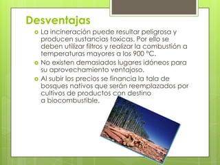 Desventajas
    La incineración puede resultar peligrosa y
     producen sustancias toxicas. Por ello se
     deben utilizar filtros y realizar la combustión a
     temperaturas mayores a los 900 °C.
    No existen demasiados lugares idóneos para
     su aprovechamiento ventajoso.
    Al subir los precios se financia la tala de
     bosques nativos que serán reemplazados por
     cultivos de productos con destino
     a biocombustible.
 