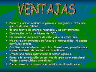 Permite eliminar residuos orgánicos e inorgánicos, al tiempo que les da una utilidad.  Es una fuente de energía renovable y no contaminante.  Disminución de las emisiones de CO2.  No supone un incremento de este gas a la atmósfera.  No emite contaminantes sulfurados o nitrogenados, ni apenas partículas sólidas.  Canaliza los excedentes agrícolas alimentarios, permitiendo el aprovechamiento de las tierras de retirada.  Ofrece una nueva oportunidad al sector agrícola.  Permite la introducción de cultivos de gran valor rotacional frente a monocultivos cerealistas.  Puede provocar un aumento económico en el medio rural.  VENTAJAS 