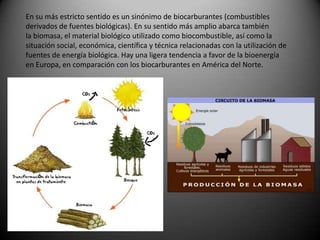 En su más estricto sentido es un sinónimo de biocarburantes (combustibles
derivados de fuentes biológicas). En su sentido más amplio abarca también
la biomasa, el material biológico utilizado como biocombustible, así como la
situación social, económica, científica y técnica relacionadas con la utilización de
fuentes de energía biológica. Hay una ligera tendencia a favor de la bioenergía
en Europa, en comparación con los biocarburantes en América del Norte.

 