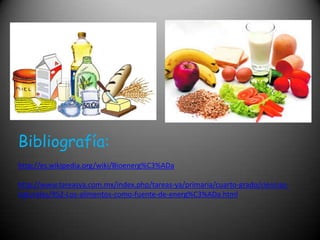 Bibliografía:
http://es.wikipedia.org/wiki/Bioenerg%C3%ADa
http://www.tareasya.com.mx/index.php/tareas-ya/primaria/cuarto-grado/cienciasnaturales/952-Los-alimentos-como-fuente-de-energ%C3%ADa.html

 