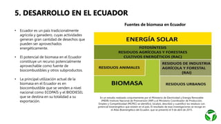 • Ecuador es un país tradicionalmente
agrícola y ganadero, cuyas actividades
generan gran cantidad de desechos que
pueden ser aprovechados
energéticamente.
• El potencial de biomasa en el Ecuador
constituye un recurso potencialmente
aprovechable como fuente de
biocombustibles y otros subproductos.
• La principal utilización actual de la
biomasa en el Ecuador es en
biocombustible que se venden a nivel
nacional como ECOPAÍS y el BIODIESEL
que se destina en su totalidad a su
exportación.
Fuentes de biomasa en Ecuador.
En un estudio realizado conjuntamente por el Ministerio de Electricidad y Energía Renovable
(MEER) Instituto Nacional de Preinversión (INP) y el Ministerio Coordinador de Producción,
Empleo y Competitividad (MCPEC) se identificó, localizó, describió y cuantificó los residuos con
potencial bioenergético que existen en el país. El resultado de esas investigaciones se recoge en
el Atlas Bioenergético del Ecuador, que se presentó el 9 de abril de 2015.
5. DESARROLLO EN EL ECUADOR
 