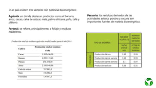 En el país existen tres sectores con potencial bioenergético:
Agrícola: en donde destacan productos como el banano,
arroz, cacao, caña de azúcar, maíz, palma africana, piña, café y
plátano.
Forestal: se refiere, principalmente, a follaje y residuos
madereros.
Pecuario: los residuos derivados de las
actividades avícola, porcina y vacuna son
importantes fuentes de materia bioenergética.
 