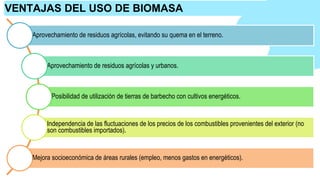 Aprovechamiento de residuos agrícolas, evitando su quema en el terreno.
Aprovechamiento de residuos agrícolas y urbanos.
Posibilidad de utilización de tierras de barbecho con cultivos energéticos.
Independencia de las fluctuaciones de los precios de los combustibles provenientes del exterior (no
son combustibles importados).
Mejora socioeconómica de áreas rurales (empleo, menos gastos en energéticos).
VENTAJAS DEL USO DE BIOMASA
 