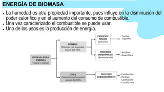 ● La humedad es otra propiedad importante, pues influye en la disminución del
poder calorífico y en el aumento del consumo de combustible.
● Una vez caracterizado el combustible se puede usar.
● Uno de los usos es la producción de energía.
ENERGÍA DE BIOMASA
 