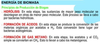 Principios de Producción de Biogas
• HIDRÓLISIS: En esta etapa, las sustancias de mayor peso molecular se
desintegran en otras de menor peso molecular. Este proceso se lleva a cabo
por bacterias hidrolíticas.
• FORMACIÓN DE ÁCIDOS: En esta etapa se produce la conversión de las
materias orgánicas por acetatos e H2. Esta conversión tiene lugar por
bacterias acetogénicas.
• FORMACIÓN DE GAS METANO: En esta etapa, los acetatos y el CO2
simple se convierten en CH4. Esto lo llevan a cabo los metanógenos.
ENERGÍA DE BIOMASA
 
