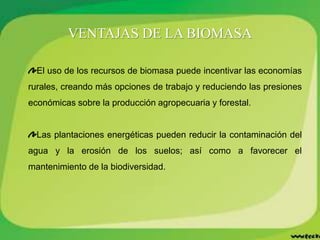 El uso de los recursos de biomasa puede incentivar las economías
rurales, creando más opciones de trabajo y reduciendo las presiones
económicas sobre la producción agropecuaria y forestal.
Las plantaciones energéticas pueden reducir la contaminación del
agua y la erosión de los suelos; así como a favorecer el
mantenimiento de la biodiversidad.
VENTAJAS DE LA BIOMASA
 