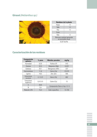27
Margaritas (Chrysantemum sp.)
Caracterización de los residuos
Composición
química
% peso Metales pesados mg/kg
Humedad ...