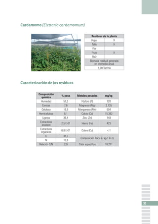 37
Carey (Cordyline sp.)
Residuos de la planta
Hojas X
Tallo
Flor
Fruto
Raíz
Biomasa residual generada
en promedio anual
0...