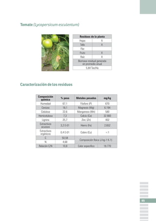 99
Brevo (Ficus carica)
Caracterización de los residuos
Composición
química
% peso Metales pesados mg/kg
Humedad 51,3 Fósf...