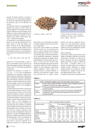 BIOMASA
MARZO06
7. Pelets de madera. Autor: FM. 8. Pelets de paja de cereales, de mayor
friabilidad y, por tanto, menor calidad que
los de madera. Autor: FM.
procede de árboles urbanos o cercanos a
carreteras tiene un color negruzco debido a
las partículas contaminantes expulsadas por
los vehículos y que se han adherido a la
corteza.
Se denomina estéreo a una agrupación de
biomasa que ocupa un metro cúbico de
volumen aparente. A la relación entre lo que
ocupan realmente las leñas (volumen real o
sólido) y un estéreo (volumen aparente) se le
denomina coeficiente de apilado. Es decir:
Volumen real o sólido / metro cúbico apa-
rente = coeficiente de apilado.
La humedad es muy importante desde el
punto de vista del aprovechamiento ener-
gético, pues es la que más influye en el
poder calorífico de los biocombustibles,
junto a la especie. Puede medirse en base
seca o en base húmeda. Si denominamos h
la humedad en base seca y H la humedad en
base húmeda, las fórmulas para obtener h y
H son:
h = (Ph - P0) / P0 H = (Ph - P0) / Ph
donde Ph es el peso húmedo, es decir el
peso a la humedad h y P0 es el peso de esa
misma leña después de haber sido secada en
estufa a 103±2ºC hasta haber perdido toda
su humedad.
Como P0 < Ph ,entonces H < h, siendo H =
h / (1+h) , h = H / (1-H). La humedad es
importante en el transporte. Cuando trans-
portamos biomasas húmedas transportamos
agua. La biomasa más húmeda, a igualdad de
otras circunstancias, siempre es más barata.
Cuando se compre biomasa han de conside-
rarse dos variables: el peso y su humedad. Si
sólo se considera el peso, se corre el peligro de
comprar agua.
Se denomina peso del estéreo a lo que pesa
un metro cúbico aparente. A veces, la medi-
ción de biomasa se realiza en los Servicios
Forestales mediante el estéreo. El peso del
estéreo es función de la forma y dimensiones
de la biomasa apilada. Cuanto menos rugo-
sidades y nudos tenga la biomasa forestal,
menos cónica y más homogénea en
tamaño, mayor será su valor. Es difícil tomar
cifras fijas para este concepto. Se emplean
valores medios en función de la especie y de
las dimensiones de los residuos, que varían
entre 250 dm3
reales/m3
aparentes para
leñas con corteza de longitud 0,2 metros y de
diámetro 7 cm para el Eucaliptus globulus, y
800 dm3
/m3
aparentes para leñas con corteza
de longitud igual a 1,20 m y un diámetro de
16 cm. para Pinus sylvestris. A partir de
estos datos y del peso específico de la
madera con corteza (c.c), al 20% de hume-
dad en base seca, se presentan en la tabla 3
los valores siguientes para el peso del esté-
reo, en kg/estéreo.
Estos datos están medidos con humedad
del 20% en base seca. Tras el instante de la
corta, en que los residuos tienen hasta un
80% de humedad en base seca, la madera
va perdiendo agua en función del tiempo y
de las condiciones ambientales, influyendo
también las condiciones de apilado. Ante la
imposibilidad de considerar todos estos fac-
tores, se toma este valor del 20% como
medio de la humedad que puede presentar
una pila de residuos tras varias semanas de
apilado en unas condiciones ambientales
medias españolas. Cuanto mayor es la
humedad menor es el poder calorífico. El
motivo de esta influencia es doble: cuanto
más humedad tiene la madera menos
materia seca hay por unidad de masa y
menor es el calor suministrado; además,
mayor es la cantidad de agua que hay que
evaporar y como esta evaporación consume
calor, el calor utilizable es menor.
Pelets y briquetas
Como leñas y astillas son poco densas, para
facilitar el transporte y abaratar sus costes de
almacenaje y transporte se fabrican los
pelets y briquetas, que tienen densidades
mayores que leñas y astillas. La diferencia
entre pelets y briquetas radica en su
tamaño. Los pelets suelen ser de madera o
residuos leñosos (fotografía 7), aunque
también pueden ser de paja de cereales
(fotografía 8) o cualquier mezcla de resi-
duos lignocelulósicos (Ortiz, 1996).
Si suponemos que pelets y briquetas tienen
TABLA 1
TABLA 2
www.energuia.com
 