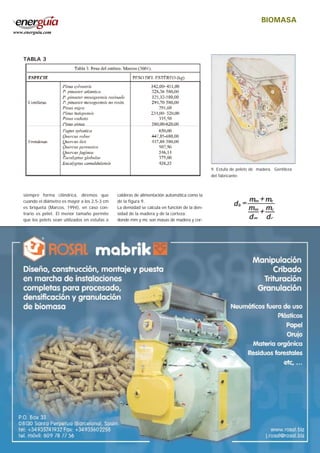 BIOMASA
calderas de alimentación automática como la
de la figura 9.
La densidad se calcula en función de la den-
sidad de la madera y de la corteza:
donde mm y mc son masas de madera y cor-
TABLA 3
9. Estufa de pelets de madera. Gentileza
del fabricante.
siempre forma cilíndrica, diremos que
cuando el diámetro es mayor a los 2,5-3 cm
es briqueta (Marcos, 1994), en caso con-
trario es pélet. El menor tamaño permite
que los pelets sean utilizados en estufas o
www.energuia.com
 