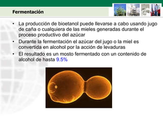 Fermentación La producción de bioetanol puede llevarse a cabo usando jugo de ca ñ a o cualquiera de las mieles generadas durante el proceso productivo del azúcar Durante la fermentación el azúcar del jugo o la miel es convertida en alcohol por la acción de levaduras El resultado es un mosto fermentado con un contenido de alcohol de hasta   9.5% 
