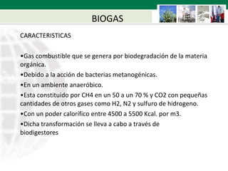 BIOGAS CARACTERISTICAS Gas combustible que se genera por biodegradación de la materia orgánica. Debido a la acción de bacterias metanogénicas. En un ambiente anaeróbico. Esta constituido por CH4 en un 50 a un 70 % y CO2 con pequeñas cantidades de otros gases como H2, N2 y sulfuro de hidrogeno. Con un poder calorífico entre 4500 a 5500 Kcal. por m3. Dicha transformación se lleva a cabo a través de  biodigestores 