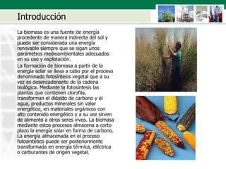 Introducción La biomasa es una fuente de energía procedente de manera indirecta del sol y puede ser considerada una energía renovable siempre que se sigan unos parámetros medioambientales adecuados en su uso y explotación.  La formación de biomasa a partir de la energía solar se lleva a cabo por el proceso denominado fotosíntesis vegetal que a su vez es desencadenante de la cadena biológica. Mediante la fotosíntesis las plantas que contienen clorofila, transforman el dióxido de carbono y el agua, productos minerales sin valor energético, en materiales orgánicos con alto contenido energético y a su vez sirven de alimento a otros seres vivos. La biomasa mediante estos procesos almacena a corto plazo la energía solar en forma de carbono. La energía almacenada en el proceso fotosintético puede ser posteriormente transformada en energía térmica, eléctrica o carburantes de origen vegetal.  