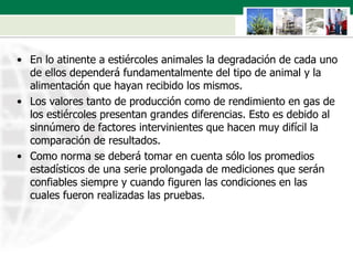 En lo atinente a estiércoles animales la degradación de cada uno de ellos dependerá fundamentalmente del tipo de animal y la alimentación que hayan recibido los mismos.  Los valores tanto de producción como de rendimiento en gas de los estiércoles presentan grandes diferencias. Esto es debido al sinnúmero de factores intervinientes que hacen muy difícil la comparación de resultados.  Como norma se deberá tomar en cuenta sólo los promedios estadísticos de una serie prolongada de mediciones que serán confiables siempre y cuando figuren las condiciones en las cuales fueron realizadas las pruebas. 