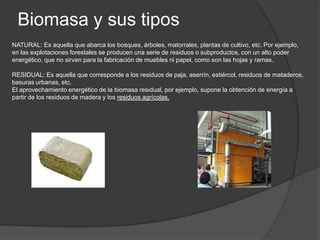 Biomasa y sus tipos
NATURAL: Es aquella que abarca los bosques, árboles, matorrales, plantas de cultivo, etc. Por ejemplo,
en las explotaciones forestales se producen una serie de residuos o subproductos, con un alto poder
energético, que no sirven para la fabricación de muebles ni papel, como son las hojas y ramas.

RESIDUAL: Es aquella que corresponde a los residuos de paja, aserrín, estiércol, residuos de mataderos,
basuras urbanas, etc.
El aprovechamiento energético de la biomasa residual, por ejemplo, supone la obtención de energía a
partir de los residuos de madera y los residuos agrícolas,
 
