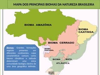 MAPA DOS PRINCIPAIS BIOMAS DA NATUREZA BRASILEIRA
Biomas: Grandes formações
vegetais presentes em
diferentes continentes, cujas
características comuns como
fatores climáticos e latitude
determinam uma única
comunidade biológica dentro de
uma área geográfica definida.
 