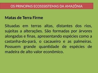 OS PRINCIPAIS ECOSSSISTEMAS DA AMAZÔNIA
Matas de Terra Firme
Situadas em terras altas, distantes dos rios,
sujeitas a alterações. São formadas por árvores
alongadas e finas, apresentando espécies como a
castanha-do-pará, o cacaueiro e as palmeiras.
Possuem grande quantidade de espécies de
madeira de alto valor econômico.
 