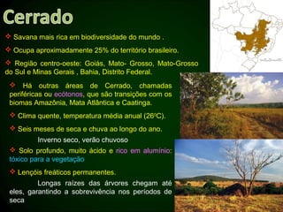  Savana mais rica em biodiversidade do mundo .
 Ocupa aproximadamente 25% do território brasileiro.
 Região centro-oeste: Goiás, Mato- Grosso, Mato-Grosso
do Sul e Minas Gerais , Bahia, Distrito Federal.
  Há outras áreas de Cerrado, chamadas
 periféricas ou ecótonos, que são transições com os
 biomas Amazônia, Mata Atlântica e Caatinga.
  Clima quente, temperatura média anual (260C).
  Seis meses de seca e chuva ao longo do ano.
         Inverno seco, verão chuvoso
  Solo profundo, muito ácido e rico em alumínio:
 tóxico para a vegetação
  Lençóis freáticos permanentes.
          Longas raízes das árvores chegam até
 eles, garantindo a sobrevivência nos períodos de
 seca
 