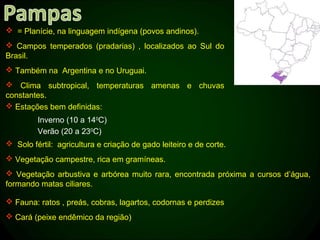  = Planície, na linguagem indígena (povos andinos).
 Campos temperados (pradarias) , localizados ao Sul do
Brasil.
 Também na Argentina e no Uruguai.
 Clima subtropical, temperaturas amenas e chuvas
constantes.
 Estações bem definidas:
         Inverno (10 a 140C)
         Verão (20 a 230C)
 Solo fértil: agricultura e criação de gado leiteiro e de corte.
 Vegetação campestre, rica em gramíneas.
 Vegetação arbustiva e arbórea muito rara, encontrada próxima a cursos d’água,
formando matas ciliares.

 Fauna: ratos , preás, cobras, lagartos, codornas e perdizes
 Cará (peixe endêmico da região)
 