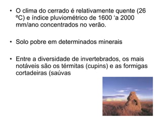 • O clima do cerrado é relativamente quente (26
ºC) e índice pluviométrico de 1600 ‘a 2000
mm/ano concentrados no verão.
• Solo pobre em determinados minerais
• Entre a diversidade de invertebrados, os mais
notáveis são os térmitas (cupins) e as formigas
cortadeiras (saúvas
 