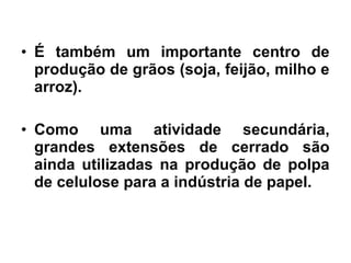 • É também um importante centro de
produção de grãos (soja, feijão, milho e
arroz).
• Como uma atividade secundária,
grandes extensões de cerrado são
ainda utilizadas na produção de polpa
de celulose para a indústria de papel.
 