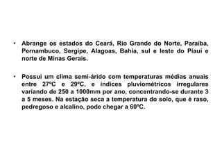 • Abrange os estados do Ceará, Rio Grande do Norte, Paraíba,
Pernambuco, Sergipe, Alagoas, Bahia, sul e leste do Piauí e
norte de Minas Gerais.
• Possui um clima semi-árido com temperaturas médias anuais
entre 27ºC e 29ºC, e índices pluviométricos irregulares
variando de 250 a 1000mm por ano, concentrando-se durante 3
a 5 meses. Na estação seca a temperatura do solo, que é raso,
pedregoso e alcalino, pode chegar a 60ºC.
 