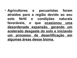 • Agricultores e pecuaristas foram
atraídos para a região devido ao seu
solo fértil e condições naturais
favoráveis, o que ocasionou uma
desordenada expansão, gerando um
acelerado desgaste do solo e iniciando
um processo de desertificação em
algumas áreas desse bioma.
 