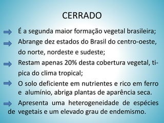 CERRADO
É a segunda maior formação vegetal brasileira;
Abrange dez estados do Brasil do centro-oeste,
do norte, nordeste e sudeste;
Restam apenas 20% desta cobertura vegetal, tipica do clima tropical;
O solo deficiente em nutrientes e rico em ferro
e alumínio, abriga plantas de aparência seca.
Apresenta uma heterogeneidade de espécies
de vegetais e um elevado grau de endemismo.

 