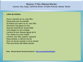 Música: O Rio (Marisa Monte)
Autores: Seu Jorge, Carlinhos Brown, Arnaldo Antunes, Marisa Monte

•

Letra da música
Ouve o barulho do rio, meu filho
Deixa esse som te embalar
As folhas que caem no rio, meu filho
Terminam nas águas do mar
Quando amanhã por acaso faltar
Uma alegria no seu coração
Lembra do som dessas águas de lá
Faz desse rio a sua oração
Lembra, meu filho, passou, passará
Essa certeza, a ciência nos dá
Que vai chover quando o sol se cansar
Para que flores não faltem jamais

Vídeo “Biomas Brasil, Floresta Amazônica”: http://youtu.be/2V3nFNoz5UY

 