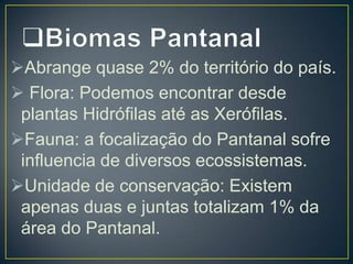 Abrange quase 2% do território do país.
 Flora: Podemos encontrar desde
plantas Hidrófilas até as Xerófilas.
Fauna: a focalização do Pantanal sofre
influencia de diversos ecossistemas.
Unidade de conservação: Existem
apenas duas e juntas totalizam 1% da
área do Pantanal.

 