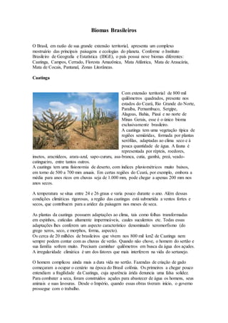 Biomas Brasileiros
O Brasil, em razão de sua grande extensão territorial, apresenta um complexo
mostruário das principais paisagens e ecologias do planeta. Conforme o Instituto
Brasileiro de Geografia e Estatística (IBGE), o país possui nove biomas diferentes:
Caatinga, Campos, Cerrado, Floresta Amazônica, Mata Atlântica, Mata de Araucária,
Mata de Cocais, Pantanal, Zonas Litorâneas.
Caatinga
Com extensão territorial de 800 mil
quilômetros quadrados, presente nos
estados do Ceará, Rio Grande do Norte,
Paraíba, Pernambuco, Sergipe,
Alagoas, Bahia, Piauí e no norte de
Minas Gerais, esse é o único bioma
exclusivamente brasileiro.
A caatinga tem uma vegetação típica de
regiões semiáridas, formada por plantas
xerófilas, adaptadas ao clima seco e à
pouca quantidade de água. A fauna é
representada por répteis, roedores,
insetos, aracnídeos, arara-azul, sapo-cururu, asa-branca, cutia, gambá, preá, veado-
catingueiro, entre tantos outros.
A caatinga tem uma fisionomia de deserto, com índices pluviométricos muito baixos,
em torno de 500 a 700 mm anuais. Em certas regiões do Ceará, por exemplo, embora a
média para anos ricos em chuvas seja de 1.000 mm, pode chegar a apenas 200 mm nos
anos secos.
A temperatura se situa entre 24 e 26 graus e varia pouco durante o ano. Além dessas
condições climáticas rigorosas, a região das caatingas está submetida a ventos fortes e
secos, que contribuem para a aridez da paisagem nos meses de seca.
As plantas da caatinga possuem adaptações ao clima, tais como folhas transformadas
em espinhos, cutículas altamente impermeáveis, caules suculentos etc. Todas essas
adaptações lhes conferem um aspecto característico denominado xeromorfismo (do
grego xeros, seco, e morphos, forma, aspecto).
Os cerca de 20 milhões de brasileiros que vivem nos 800 mil km2 de Caatinga nem
sempre podem contar com as chuvas de verão. Quando não chove, o homem do sertão e
sua família sofrem muito. Precisam caminhar quilômetros em busca da água dos açudes.
A irregularidade climática é um dos fatores que mais interferem na vida do sertanejo.
O homem complicou ainda mais a dura vida no sertão. Fazendas de criação de gado
começaram a ocupar o cenário na época do Brasil colônia. Os primeiros a chegar pouco
entendiam a fragilidade da Caatinga, cuja aparência árida denuncia uma falsa solidez.
Para combater a seca, foram construídos açudes para abastecer de água os homens, seus
animais e suas lavouras. Desde o Império, quando essas obras tiveram início, o governo
prossegue com o trabalho.
 
