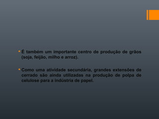  É também um importante centro de produção de grãos
(soja, feijão, milho e arroz).
 Como uma atividade secundária, grandes extensões de
cerrado são ainda utilizadas na produção de polpa de
celulose para a indústria de papel.
 