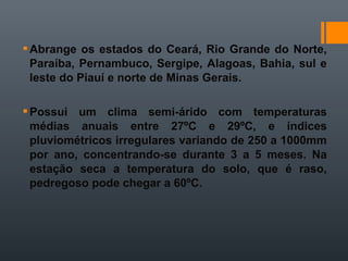Abrange os estados do Ceará, Rio Grande do Norte,
Paraíba, Pernambuco, Sergipe, Alagoas, Bahia, sul e
leste do Piauí e norte de Minas Gerais.
Possui um clima semi-árido com temperaturas
médias anuais entre 27ºC e 29ºC, e índices
pluviométricos irregulares variando de 250 a 1000mm
por ano, concentrando-se durante 3 a 5 meses. Na
estação seca a temperatura do solo, que é raso,
pedregoso pode chegar a 60ºC.
 