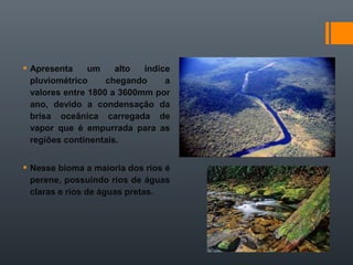  Apresenta um alto índice
pluviométrico chegando a
valores entre 1800 a 3600mm por
ano, devido a condensação da
brisa oceânica carregada de
vapor que é empurrada para as
regiões continentais.
 Nesse bioma a maioria dos rios é
perene, possuindo rios de águas
claras e rios de águas pretas.
 