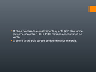 O clima do cerrado é relativamente quente (26° C) e índice
pluviométrico entre 1600 e 2000 mm/ano concentrados no
verão.
 O solo é pobre pois carece de determinados minerais.
 