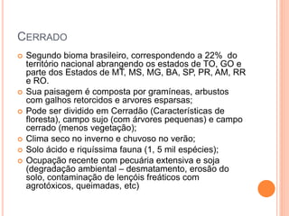 CERRADO
 Segundo bioma brasileiro, correspondendo a 22% do
território nacional abrangendo os estados de TO, GO e
parte dos Estados de MT, MS, MG, BA, SP, PR, AM, RR
e RO.
 Sua paisagem é composta por gramíneas, arbustos
com galhos retorcidos e arvores esparsas;
 Pode ser dividido em Cerradão (Características de
floresta), campo sujo (com árvores pequenas) e campo
cerrado (menos vegetação);
 Clima seco no inverno e chuvoso no verão;
 Solo ácido e riquíssima fauna (1, 5 mil espécies);
 Ocupação recente com pecuária extensiva e soja
(degradação ambiental – desmatamento, erosão do
solo, contaminação de lençóis freáticos com
agrotóxicos, queimadas, etc)
 