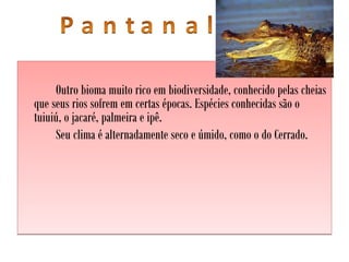 Outro bioma muito rico em biodiversidade, conhecido pelas cheias
que seus rios sofrem em certas épocas. Espécies conhecidas são o
tuiuiú, o jacaré, palmeira e ipê.
Seu clima é alternadamente seco e úmido, como o do Cerrado.
Outro bioma muito rico em biodiversidade, conhecido pelas cheias
que seus rios sofrem em certas épocas. Espécies conhecidas são o
tuiuiú, o jacaré, palmeira e ipê.
Seu clima é alternadamente seco e úmido, como o do Cerrado.
 