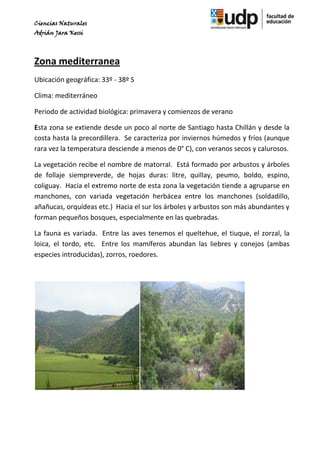 Ciencias Naturales
Adrián Jara Kessi




Zona mediterranea
Ubicación geográfica: 33º - 38º S

Clima: mediterráneo

Periodo de actividad biológica: primavera y comienzos de verano

Esta zona se extiende desde un poco al norte de Santiago hasta Chillán y desde la
costa hasta la precordillera. Se caracteriza por inviernos húmedos y fríos (aunque
rara vez la temperatura desciende a menos de 0° C), con veranos secos y calurosos.

La vegetación recibe el nombre de matorral. Está formado por arbustos y árboles
de follaje siempreverde, de hojas duras: litre, quillay, peumo, boldo, espino,
coliguay. Hacia el extremo norte de esta zona la vegetación tiende a agruparse en
manchones, con variada vegetación herbácea entre los manchones (soldadillo,
añañucas, orquídeas etc.) Hacia el sur los árboles y arbustos son más abundantes y
forman pequeños bosques, especialmente en las quebradas.

La fauna es variada. Entre las aves tenemos el queltehue, el tiuque, el zorzal, la
loica, el tordo, etc. Entre los mamíferos abundan las liebres y conejos (ambas
especies introducidas), zorros, roedores.
 