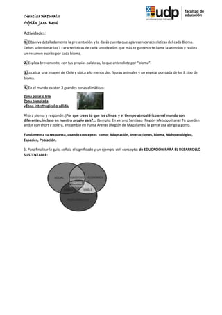 Ciencias Naturales
Adrián Jara Kessi

Actividades:
1. Observa detalladamente la presentación y te darás cuenta que aparecen características del cada Bioma.
Debes seleccionar las 3 características de cada uno de ellos que más te gusten o te llame la atención y realiza
un resumen escrito por cada bioma.

2. Explica brevemente, con tus propias palabras, lo que entendiste por “bioma”.

3.Localiza una imagen de Chile y ubica a lo menos dos figuras animales y un vegetal por cada de los 8 tipo de
bioma.

4. En el mundo existen 3 grandes zonas climáticas:

Zona polar o fría
Zona templada
yZona intertropical o cálida.

Ahora piensa y responde:¿Por qué crees tú que los climas y el tiempo atmosférico en el mundo son
diferentes, incluso en nuestro propio país?... Ejemplo: En verano Santiago (Región Metropolitana) Tú pueden
andar con short y polera, en cambio en Punta Arenas (Región de Magallanes) la gente usa abrigo y gorro.

Fundamenta tu respuesta, usando conceptos como: Adaptación, Interacciones, Bioma, Nicho ecológico,
Especies, Población.

5. Para finalizar la guía, señala el significado y un ejemplo del concepto: de EDUCACIÓN PARA EL DESARROLLO
SUSTENTABLE:
 