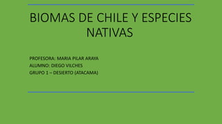 BIOMAS DE CHILE Y ESPECIES
NATIVAS
PROFESORA: MARIA PILAR ARAYA
ALUMNO: DIEGO VILCHES
GRUPO 1 – DESIERTO (ATACAMA)
 