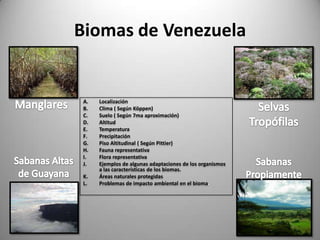 Biomas de Venezuela


 A.   Localización
 B.   Clima ( Según Köppen)
 C.   Suelo ( Según 7ma aproximación)
 D.   Altitud
 E.   Temperatura
 F.   Precipitación
 G.   Piso Altitudinal ( Según Pittier)
 H.   Fauna representativa
 I.   Flora representativa
 J.   Ejemplos de algunas adaptaciones de los organismos
      a las características de los biomas.
 K.   Áreas naturales protegidas
 L.   Problemas de impacto ambiental en el bioma.
 