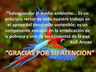 “Salvaguardar el medio ambiente... Es un
principio rector de todo nuestro trabajo en
  el apoyo del desarrollo sostenible; es un
 componente esencial en la erradicación de
la pobreza y uno de los cimientos de la paz.
                                  Kofi Annan
 