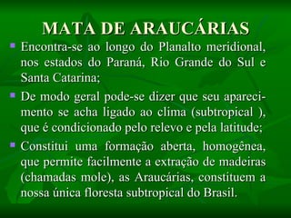 MATA DE ARAUCÁRIAS
   Encontra-se ao longo do Planalto meridional,
    nos estados do Paraná, Rio Grande do Sul e
    Santa Catarina;
   De modo geral pode-se dizer que seu apareci-
    mento se acha ligado ao clima (subtropical ),
    que é condicionado pelo relevo e pela latitude;
   Constitui uma formação aberta, homogênea,
    que permite facilmente a extração de madeiras
    (chamadas mole), as Araucárias, constituem a
    nossa única floresta subtropical do Brasil.
 