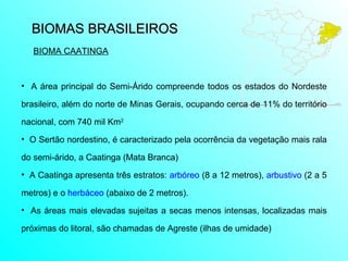 BIOMAS BRASILEIROS  A área principal do Semi-Árido compreende todos os estados do Nordeste brasileiro, além do norte de Minas Gerais, ocupando cerca de 11% do território nacional, com 740 mil Km 2 O Sertão nordestino, é caracterizado pela ocorrência da vegetação mais rala do semi-árido, a Caatinga (Mata Branca) A Caatinga apresenta três estratos:  arbóreo  (8 a 12 metros),  arbustivo  (2 a 5 metros) e o  herbáceo  (abaixo de 2 metros).  As áreas mais elevadas sujeitas a secas menos intensas, localizadas mais próximas do litoral, são chamadas de Agreste (ilhas de umidade) BIOMA CAATINGA 